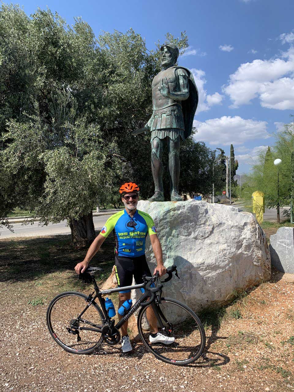 Under the statue of athenian general Miltiades, also the start line for the classic Marathon.